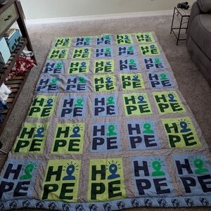 Handmade HOPE Patchwork Quilt in Green & Blue Heavy